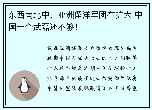 东西南北中，亚洲留洋军团在扩大 中国一个武磊还不够！